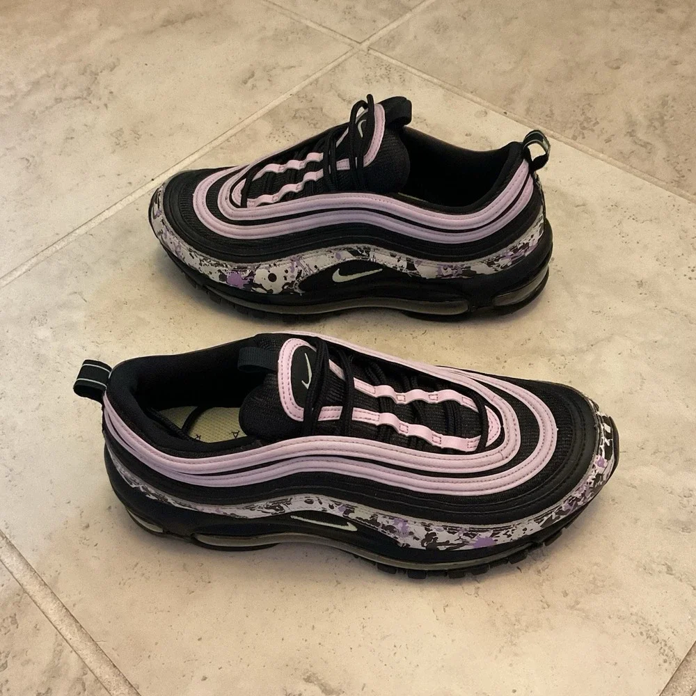 UEC 9.5 Nike Air Max 97 Black And Purple Splatter Sail Barely Volt Sneakers